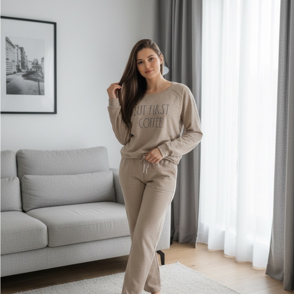 Rae Dunn Women’s XL Oatmeal Drawstring Crew Neck & Pants NWT “BUT FIRST COFFEE”